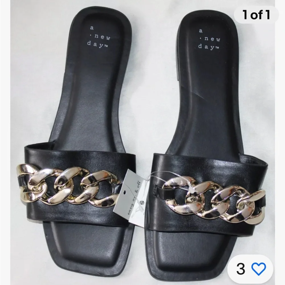 A New Day black square toe sandals with gold chain details size 9.5